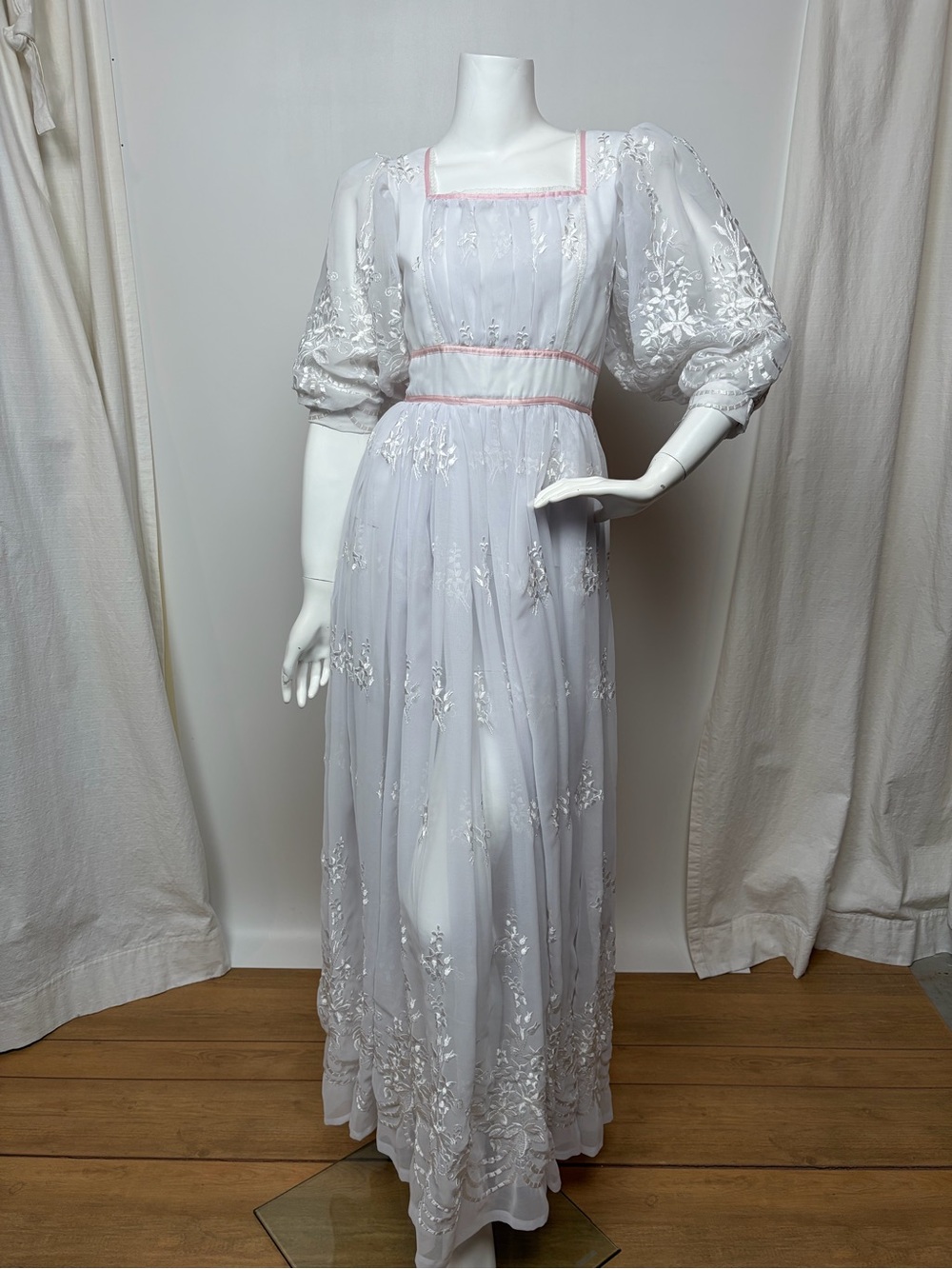 1970s Romantic Sheer Prairie Dress Embroidered Organza Cottagecore Tea Dress
